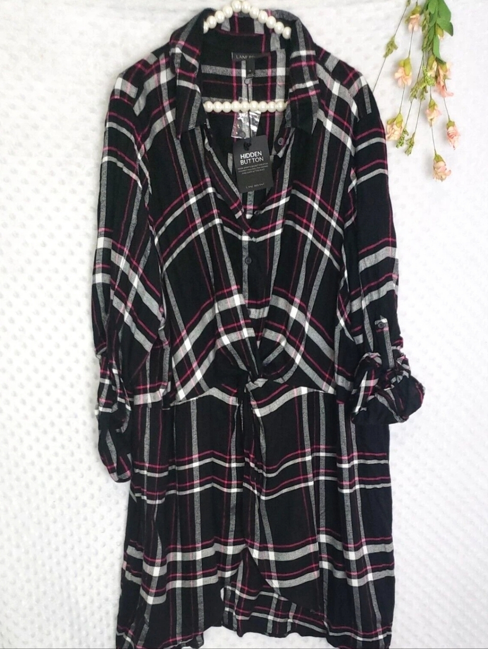 NWT 100% Rayon Plus-Size Black Plaid Button-Front Tie-Waist Tunic Top Dress 24 - Picture 2 of 7